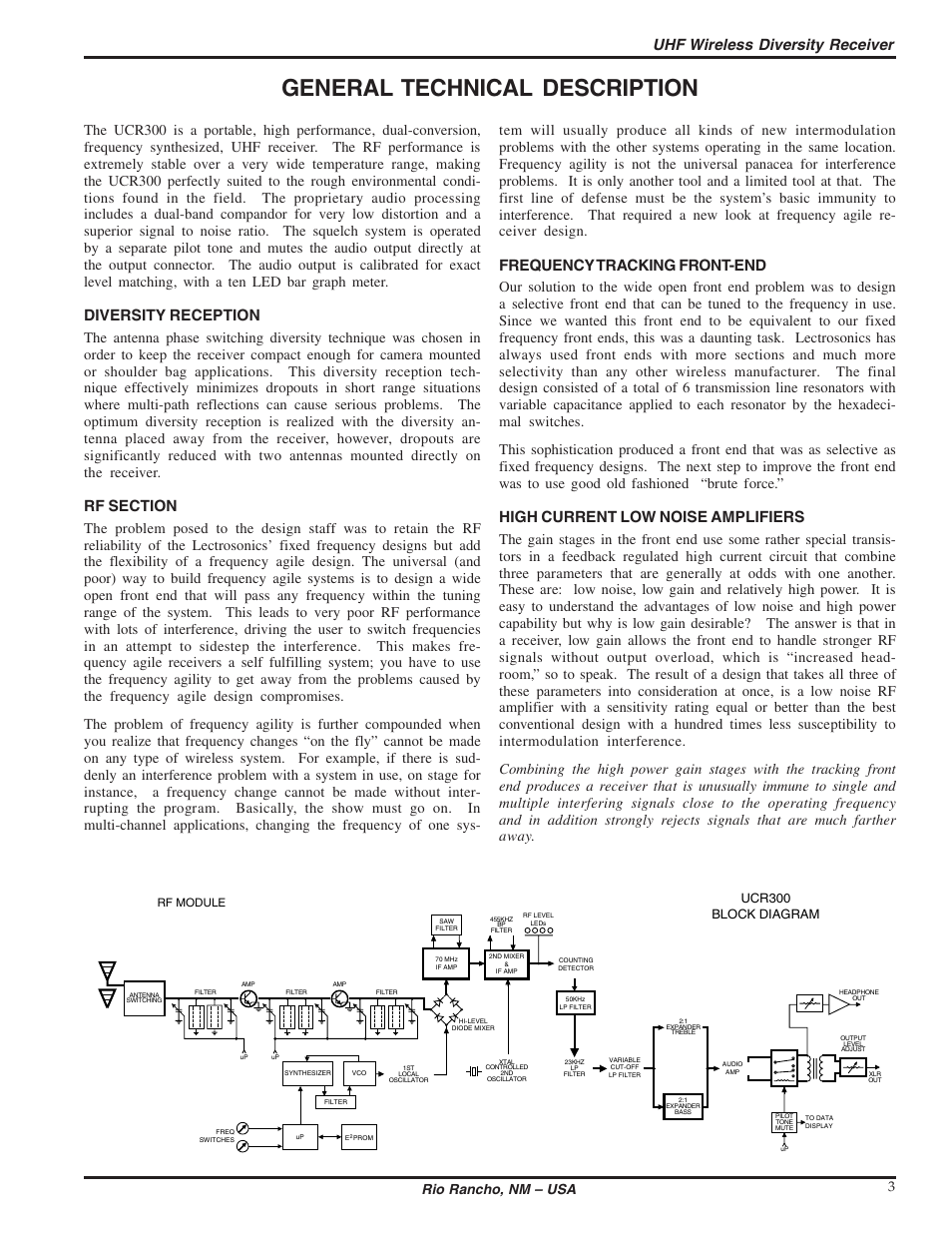 General technical description, Uhf wireless diversity receiver, Diversity reception | Frequency tracking front-end, High current low noise amplifiers, Rio rancho, nm – usa 3, Ucr300 block diagram | Lectrosonics UCR300 User Manual | Page 3 / 14