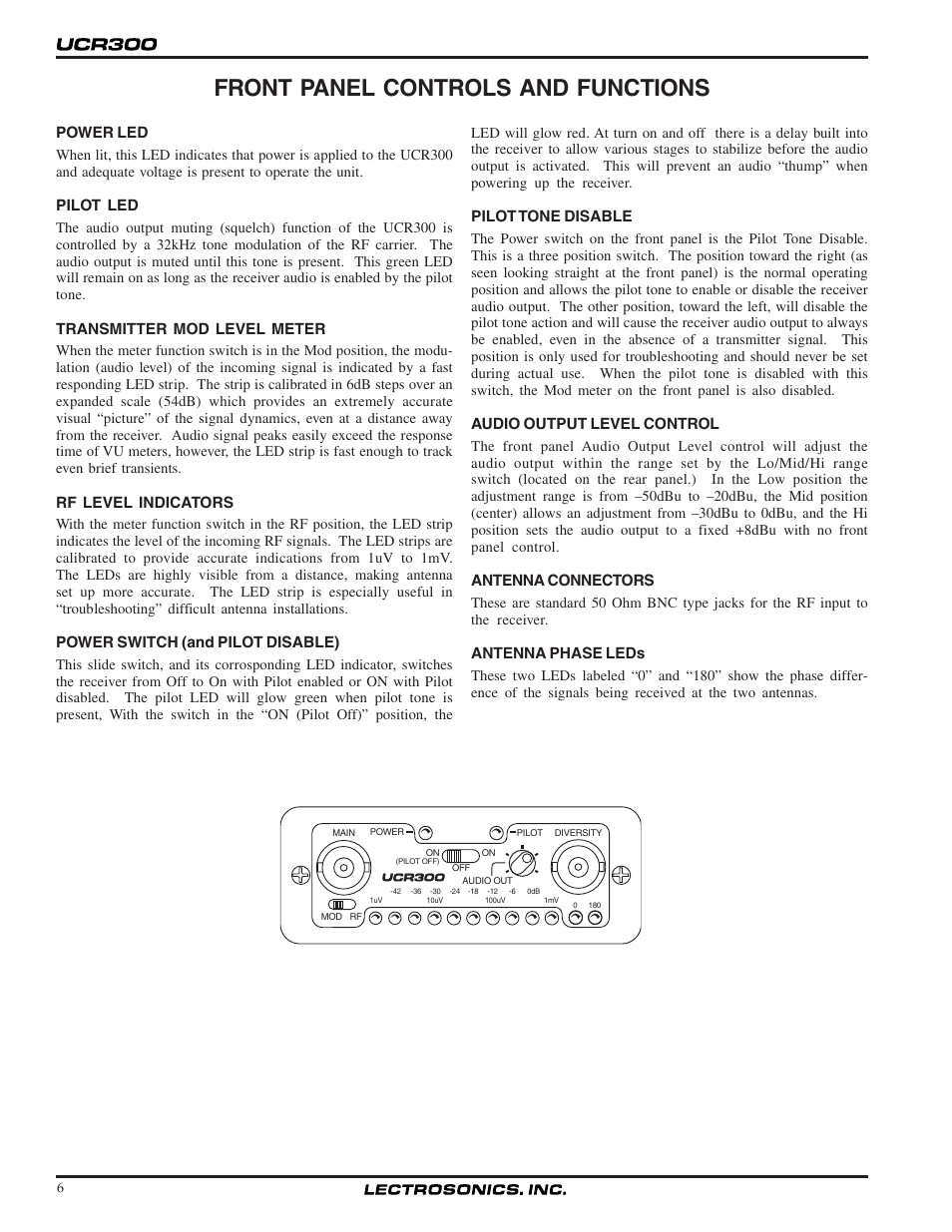 Front panel controls and functions, Power led, Pilot led | Transmitter mod level meter, Rf level indicators, Power switch (and pilot disable), Pilot tone disable, Audio output level control, Antenna connectors, Antenna phase leds | Lectrosonics UCR300 User Manual | Page 6 / 14