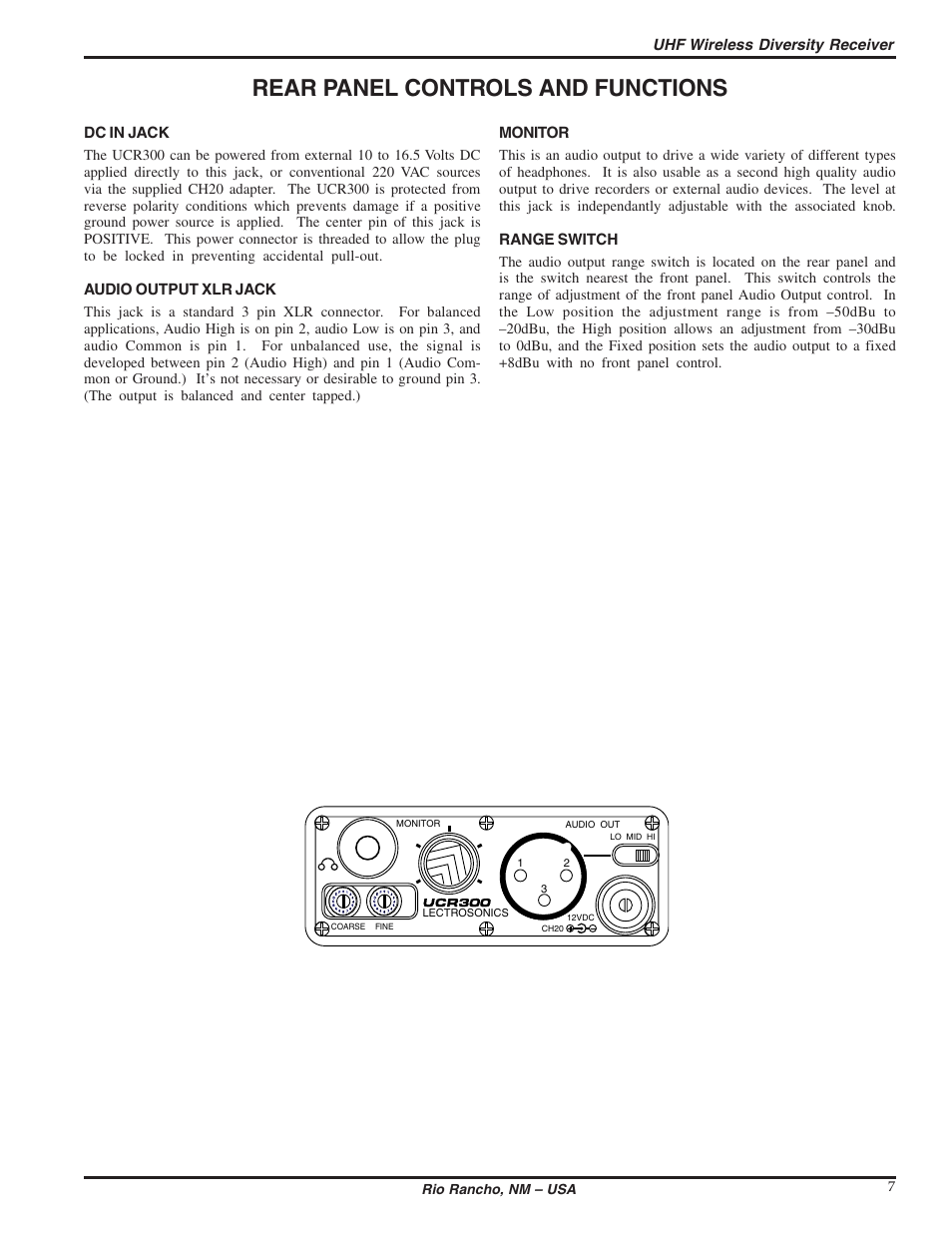 Rear panel controls and functions, Uhf wireless diversity receiver, Dc in jack | Audio output xlr jack, Monitor, Range switch, Rio rancho, nm – usa 7, Lectrosonics | Lectrosonics UCR300 User Manual | Page 7 / 14