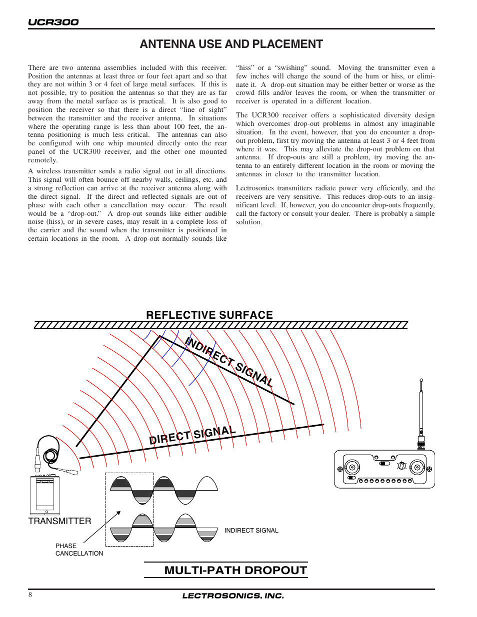 Antenna use and placement, Reflective surface direct signal indirect signal, Multi-path dropout | Lectrosonics UCR300 User Manual | Page 8 / 14