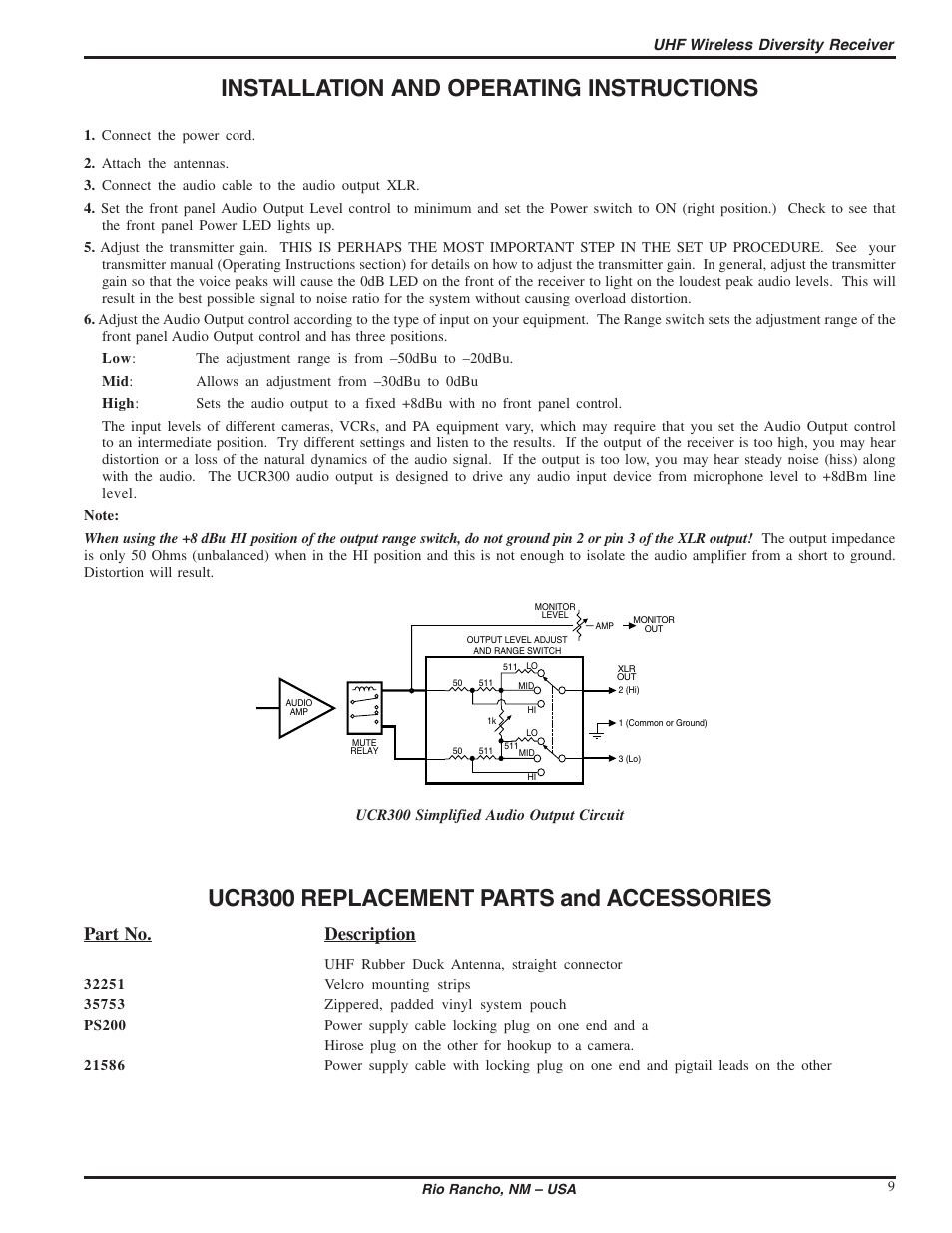 Installation and operating instructions, Ucr300 replacement parts and accessories, Part no. description | Lectrosonics UCR300 User Manual | Page 9 / 14