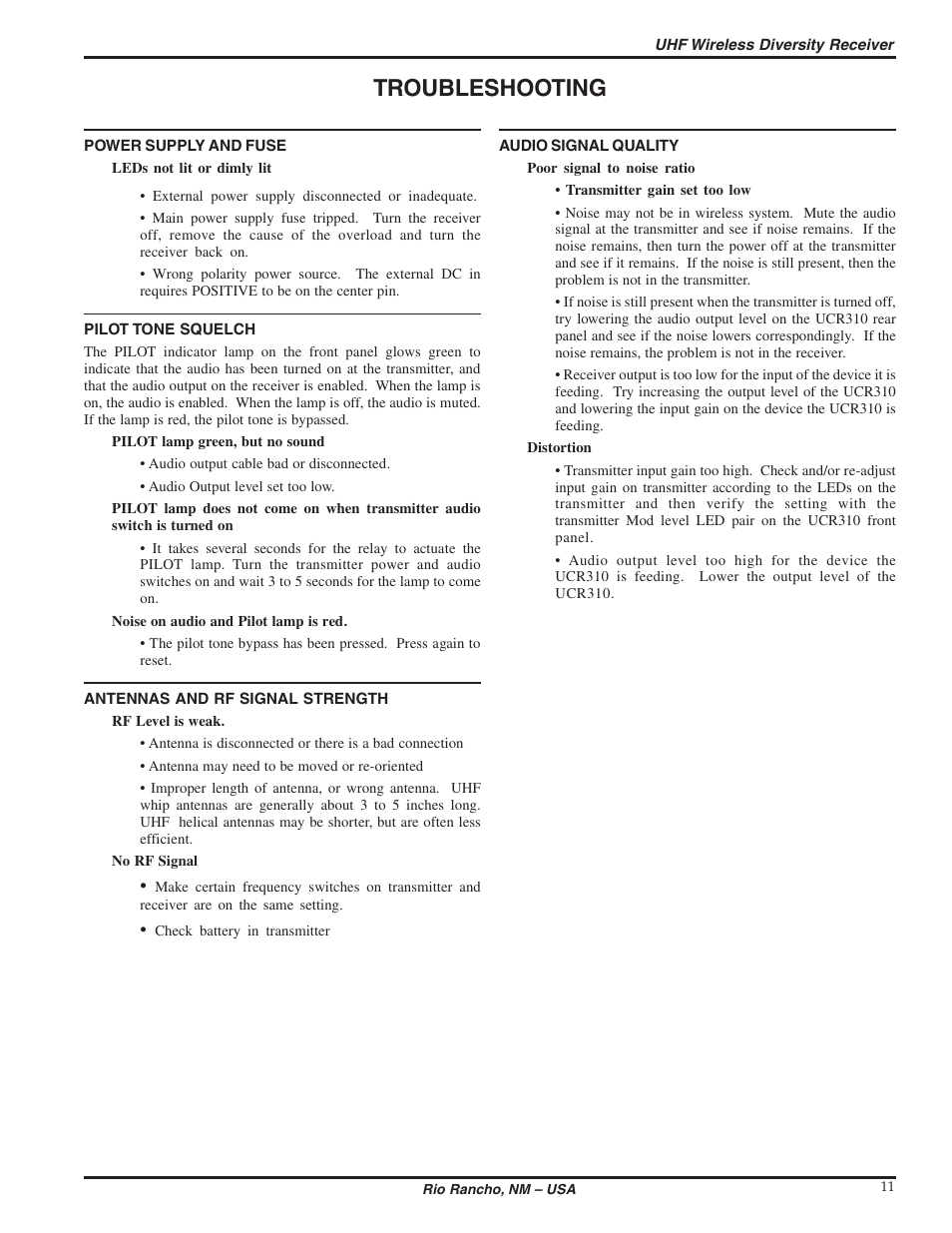 Troubleshooting | Lectrosonics UCR310 User Manual | Page 11 / 14