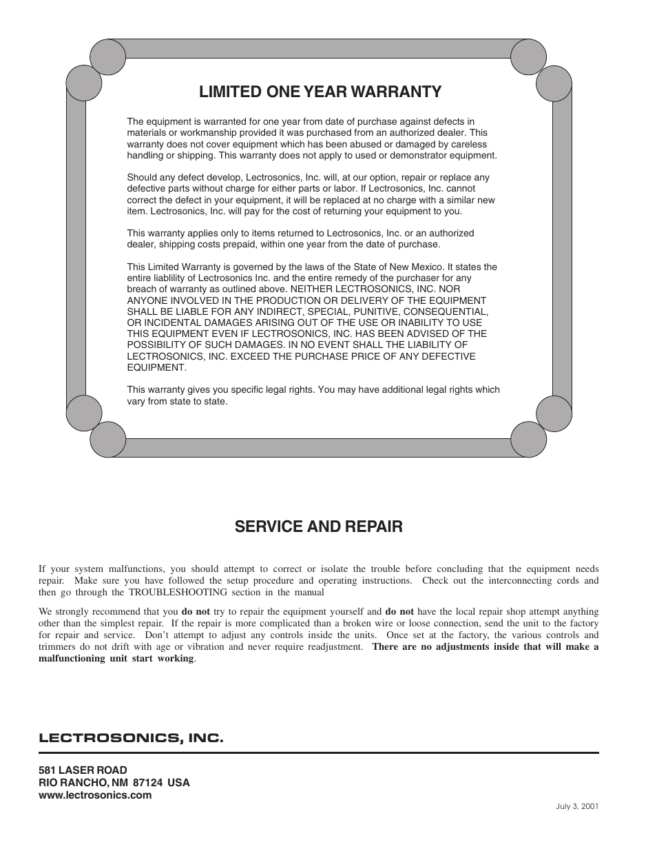 Limited one year warranty service and repair | Lectrosonics UCR310 User Manual | Page 14 / 14