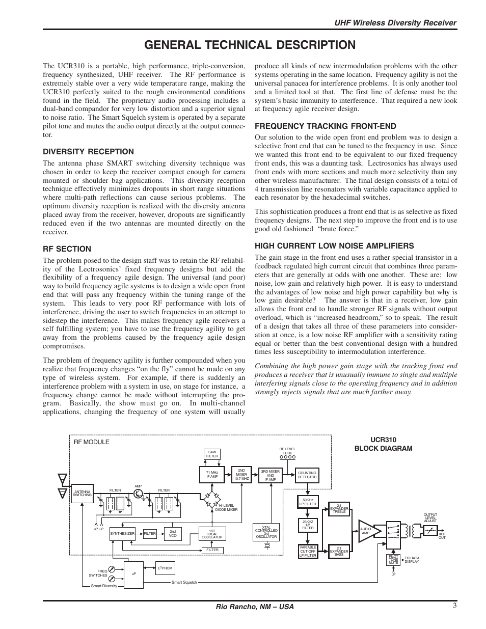 General technical description, Uhf wireless diversity receiver, Diversity reception | Frequency tracking front-end, High current low noise amplifiers, Rio rancho, nm – usa 3, Ucr310 block diagram, Rf module | Lectrosonics UCR310 User Manual | Page 3 / 14