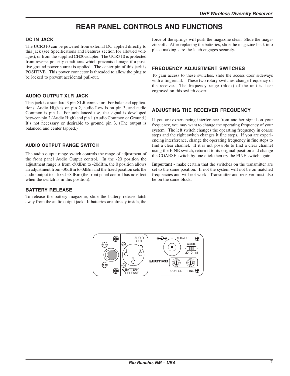 Rear panel controls and functions, Uhf wireless diversity receiver, Dc in jack | Audio output xlr jack, Battery release, Frequency adjustment switches, Adjusting the receiver frequency, Rio rancho, nm – usa 7 | Lectrosonics UCR310 User Manual | Page 7 / 14