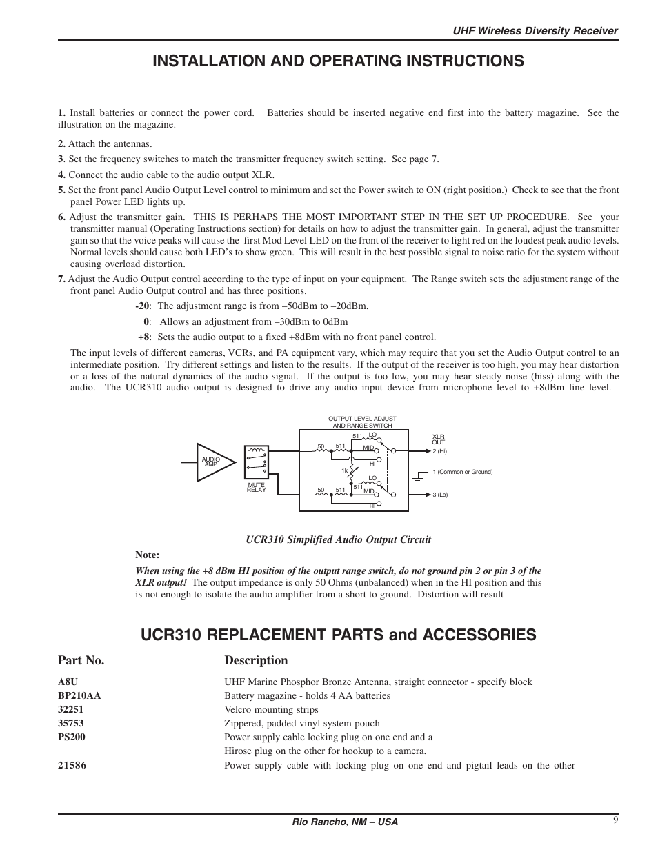 Installation and operating instructions, Ucr310 replacement parts and accessories, Part no. description | Lectrosonics UCR310 User Manual | Page 9 / 14