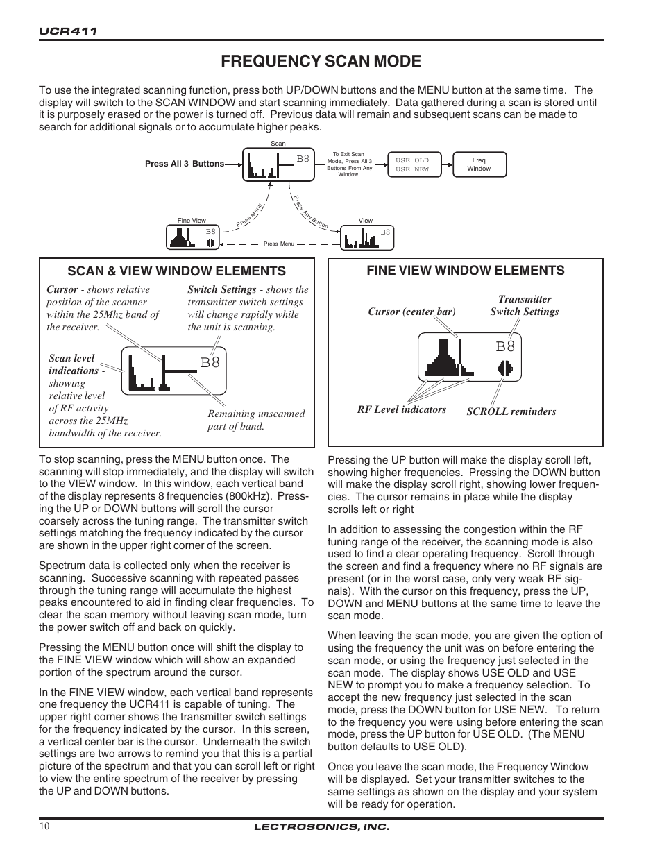 Frequency scan mode, Scan & view window elements, Fine view window elements | Lectrosonics UCR411 User Manual | Page 10 / 16