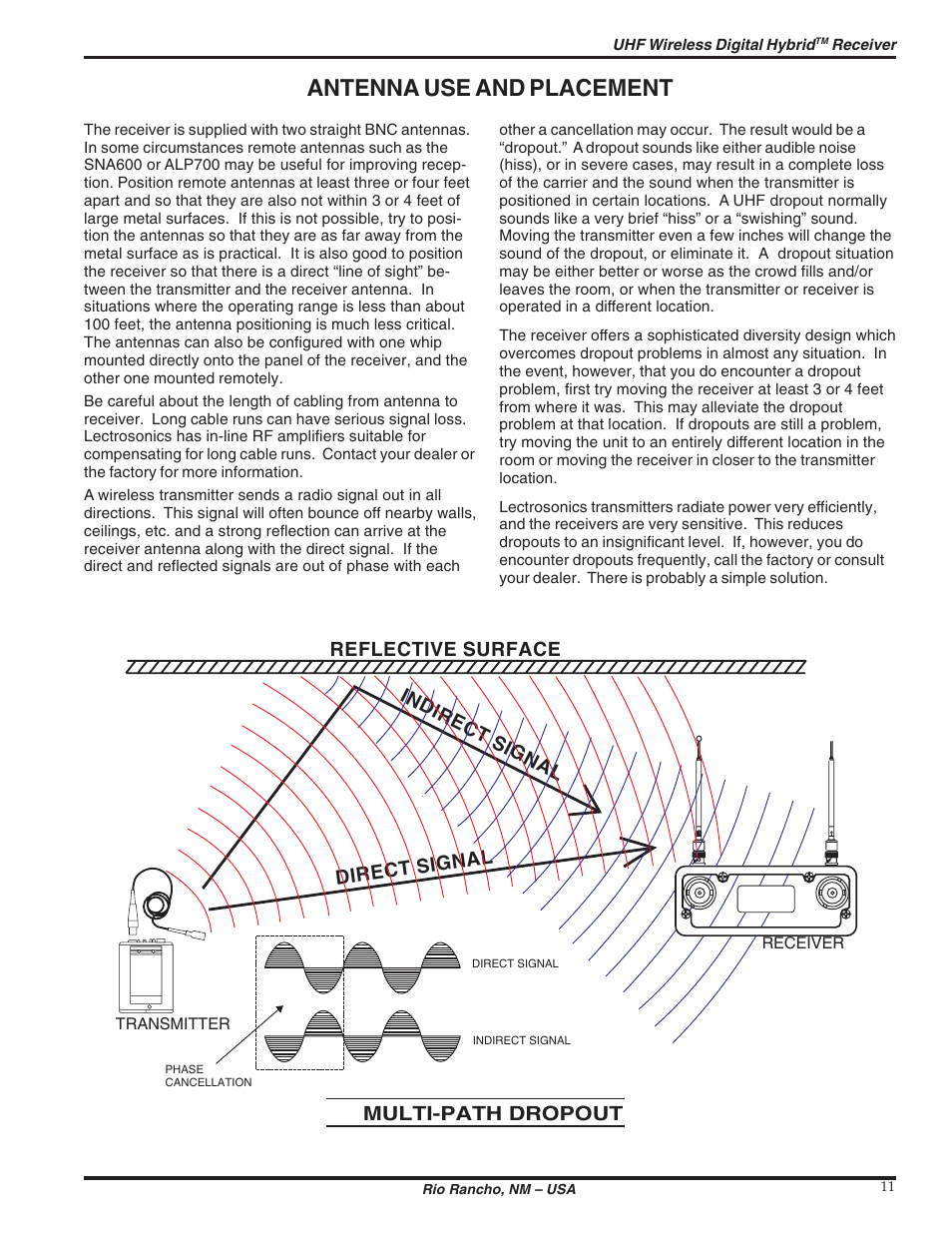 Antenna use and placement, Reflective surface direct signal indirect signal, Multi-path dropout | Lectrosonics UCR411 User Manual | Page 11 / 16