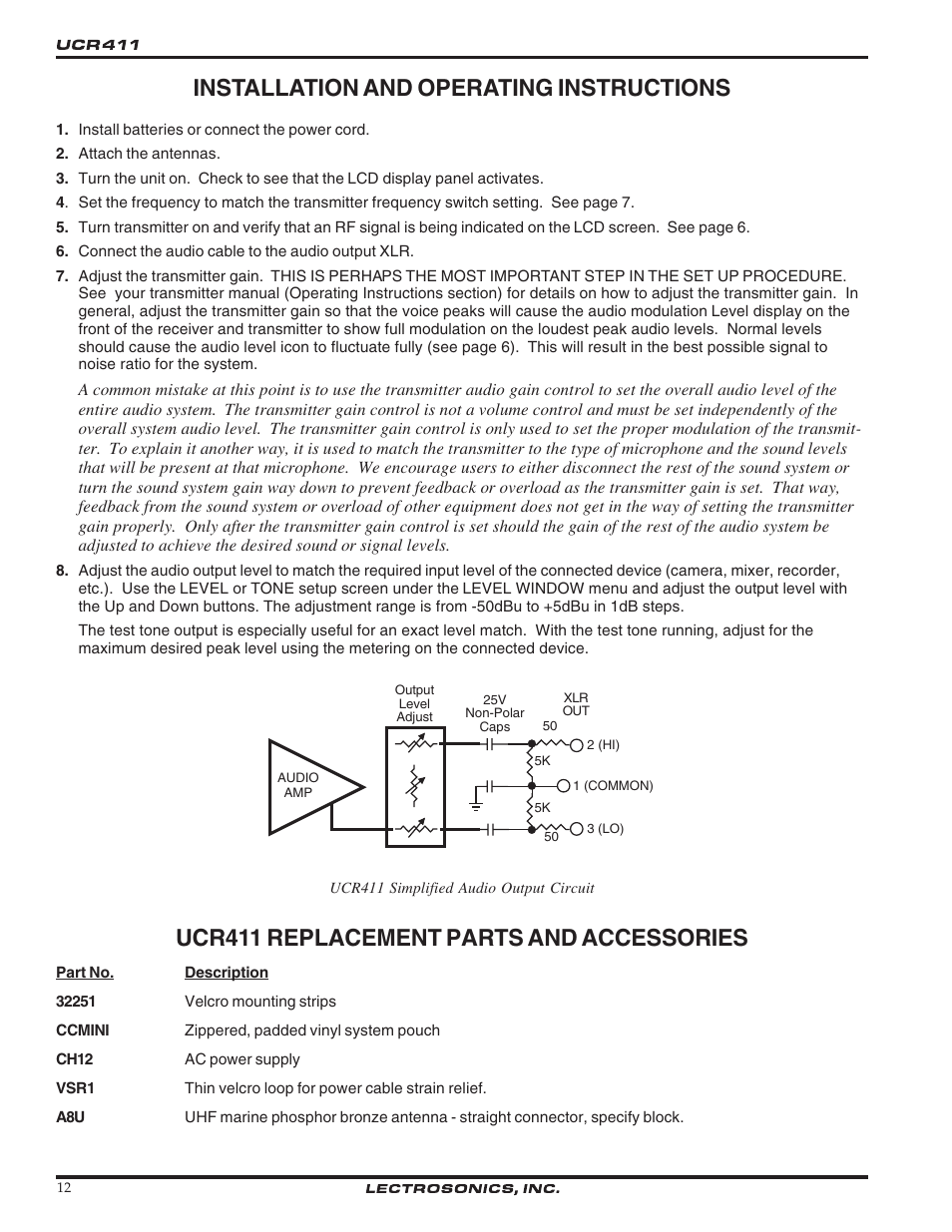 Installation and operating instructions, Ucr411 replacement parts and accessories | Lectrosonics UCR411 User Manual | Page 12 / 16