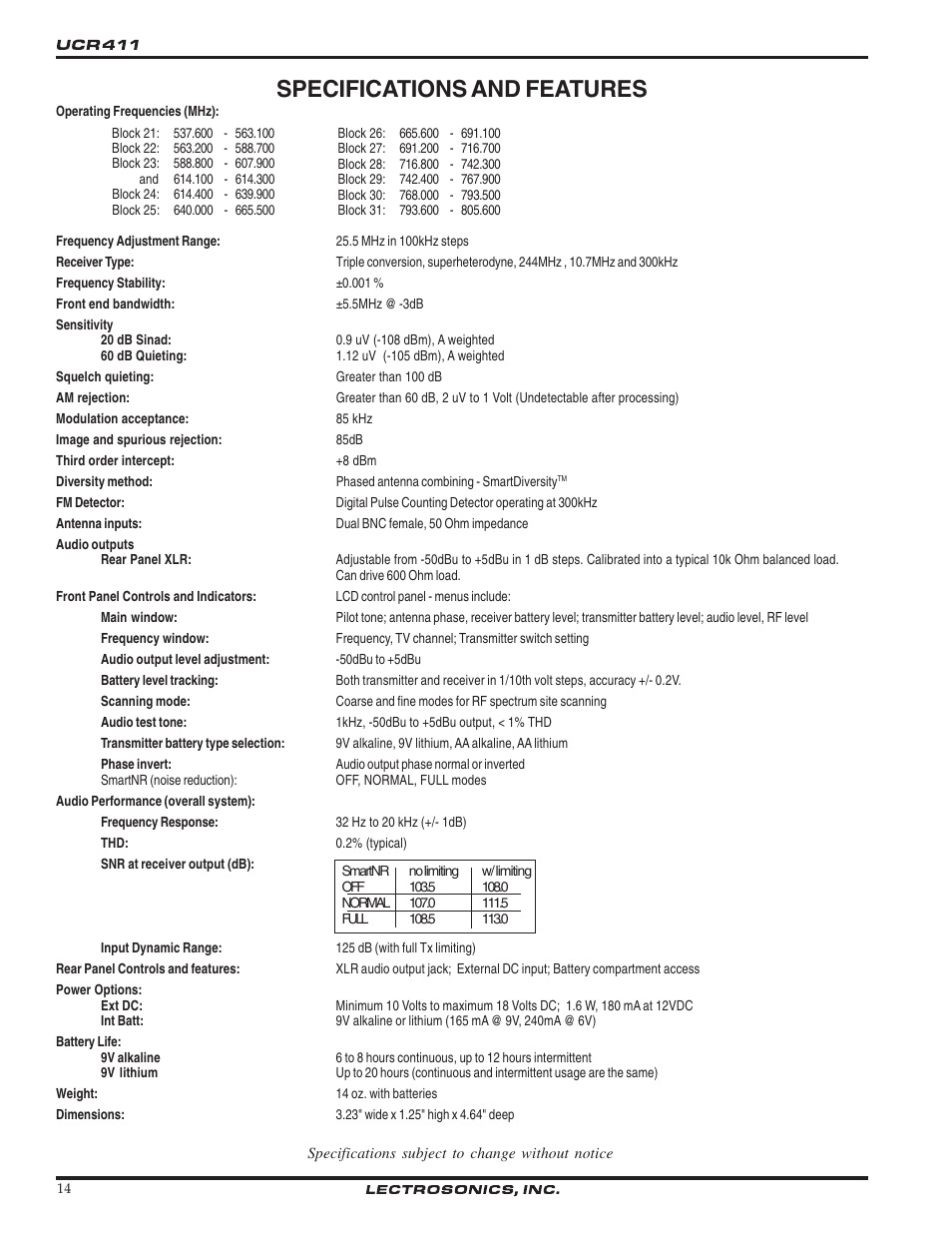 Specifications and features | Lectrosonics UCR411 User Manual | Page 14 / 16