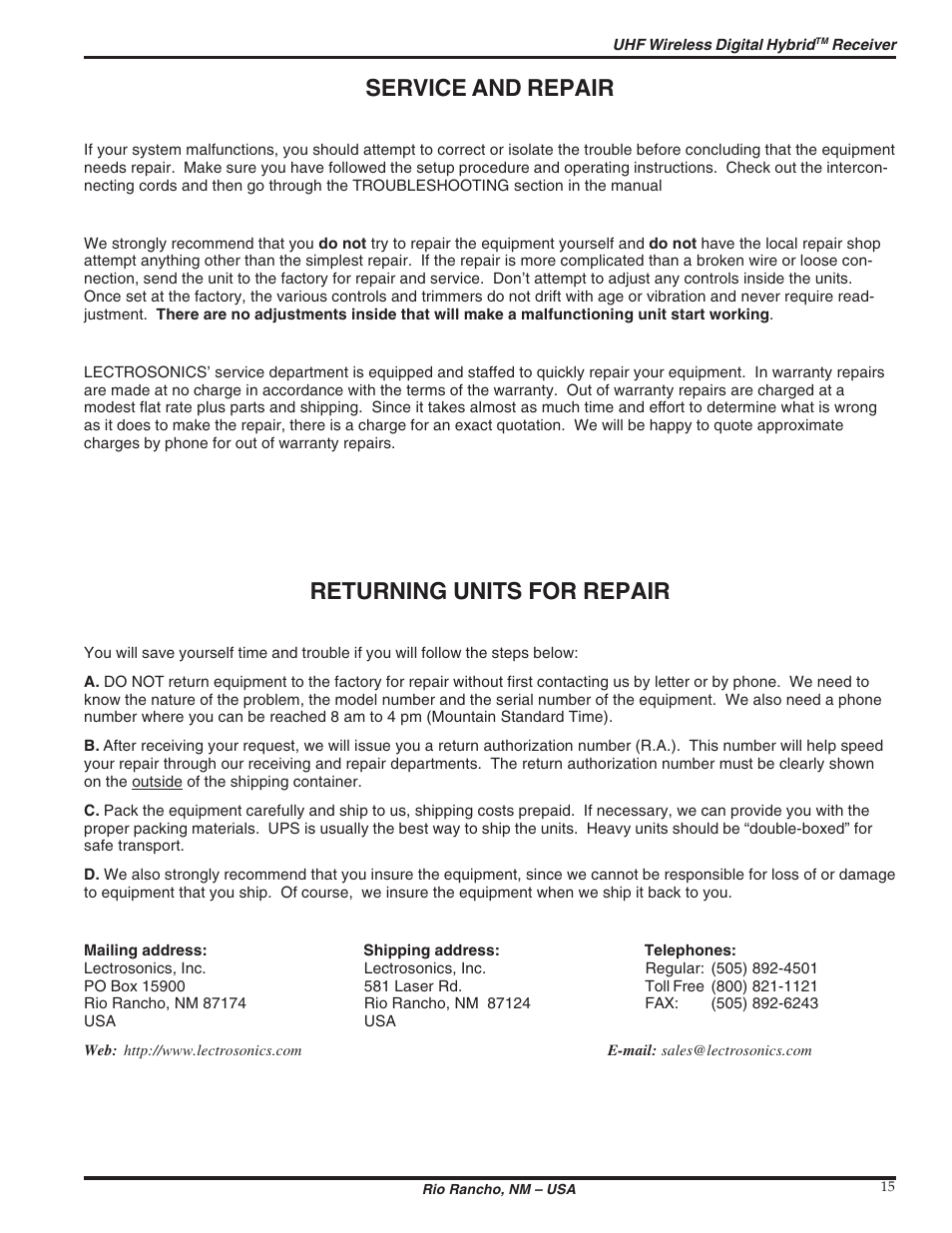 Service and repair, Returning units for repair | Lectrosonics UCR411 User Manual | Page 15 / 16