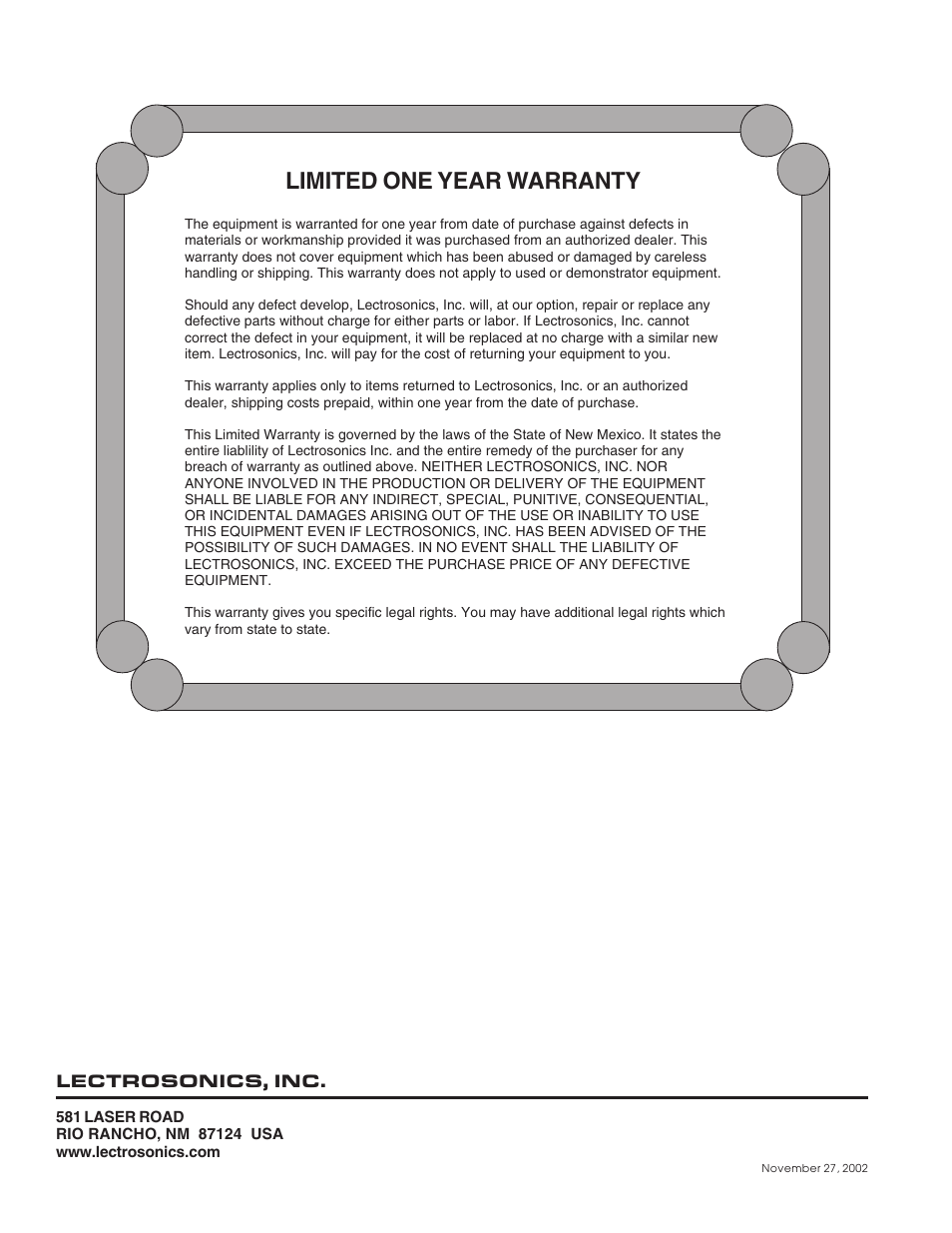 Limited one year warranty | Lectrosonics UCR411 User Manual | Page 16 / 16