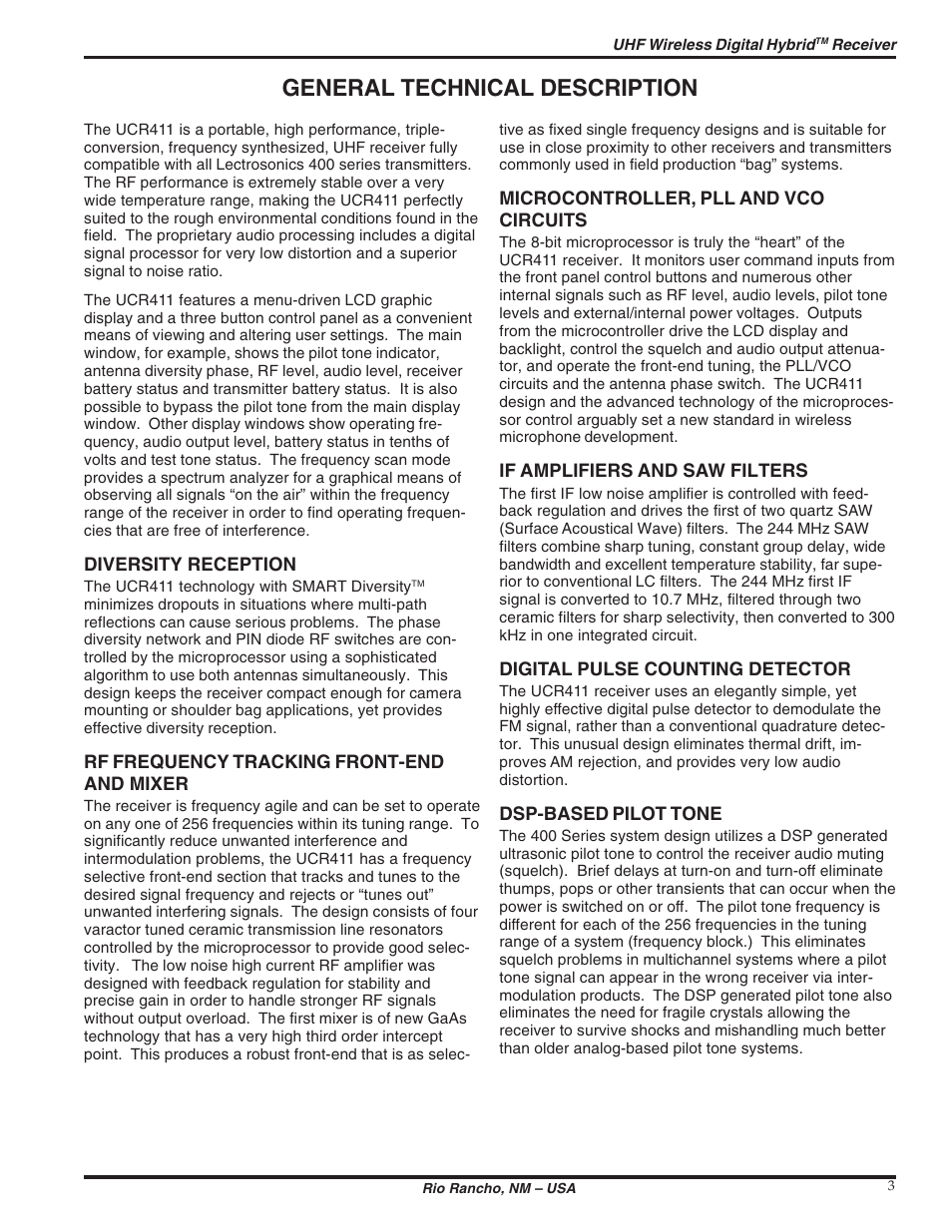 General technical description | Lectrosonics UCR411 User Manual | Page 3 / 16