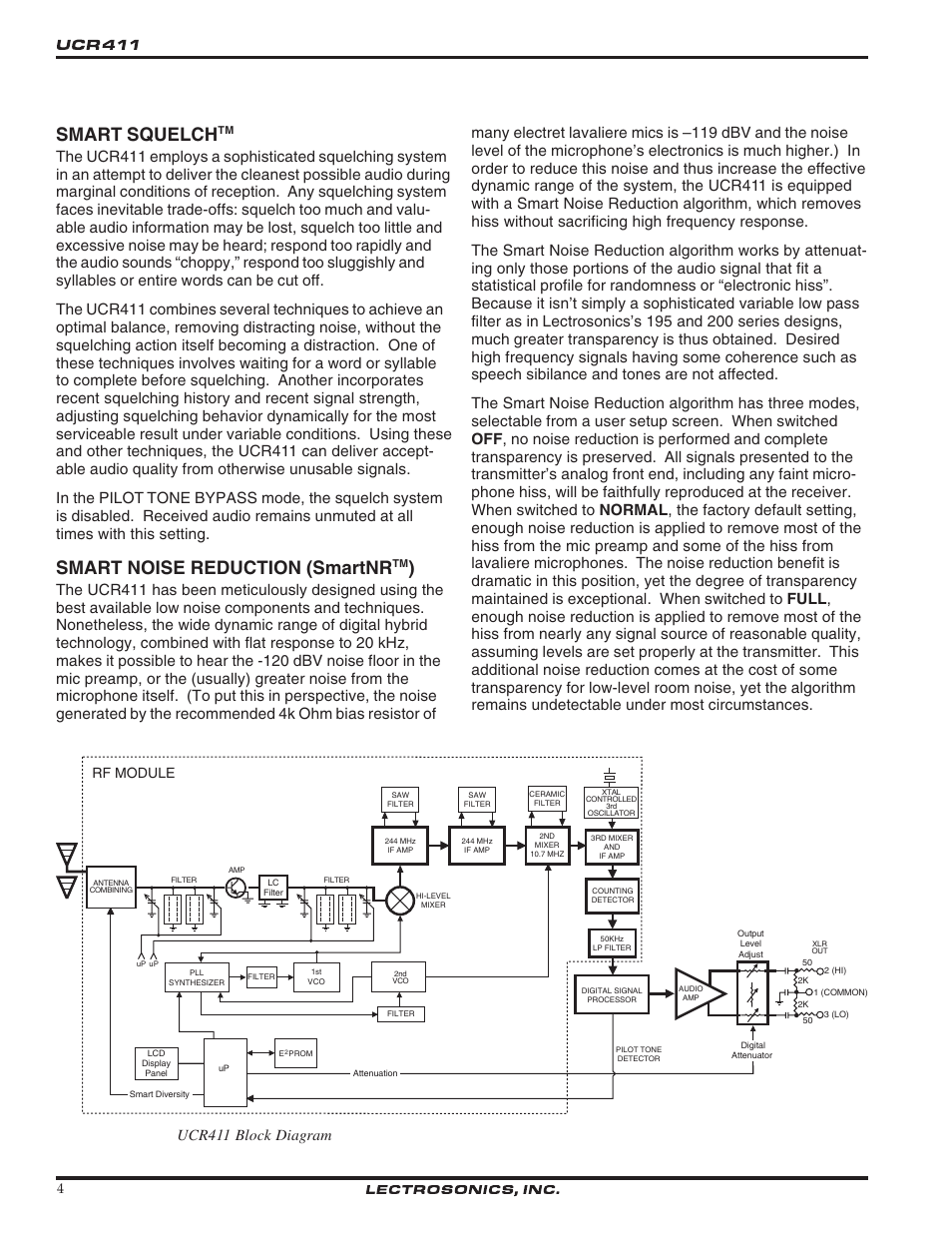 Smart squelch, Smart noise reduction (smartnr, Rf module | Lectrosonics UCR411 User Manual | Page 4 / 16