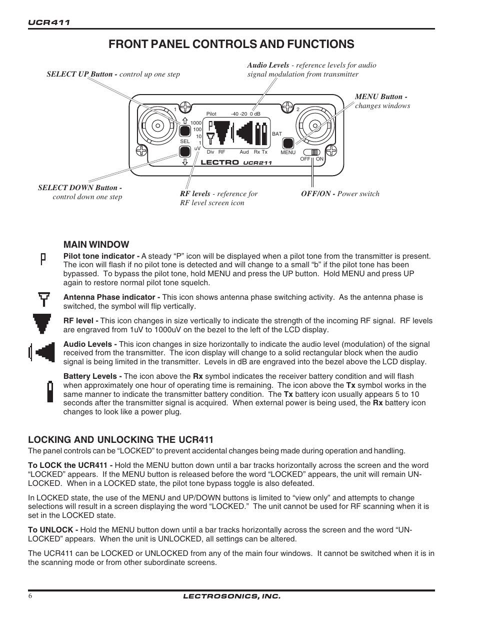 Front panel controls and functions, Main window, Locking and unlocking the ucr411 | Lectrosonics UCR411 User Manual | Page 6 / 16