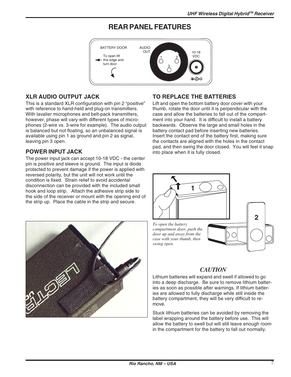 Rear panel features, Caution | Lectrosonics UCR411 User Manual | Page 7 / 16