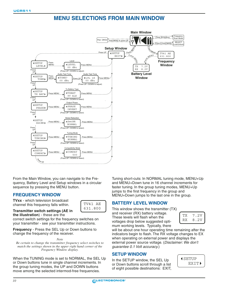 Frequency window, Menu selections from main window, Battery level window | Setup window, Battery level window setup window, Setup exit, Tx 7.2v rx 8.2v | Lectrosonics UCR511 User Manual | Page 10 / 28