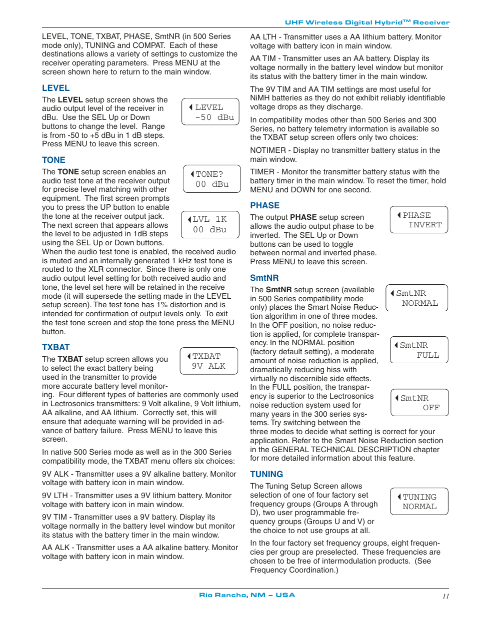 Level, Tone, Txbat | Phase, Smtnr, Tuning, Level tone txbat phase smtnr tuning | Lectrosonics UCR511 User Manual | Page 11 / 28