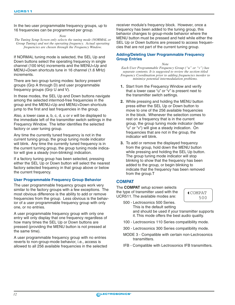 User programmable frequency group behavior, Compat | Lectrosonics UCR511 User Manual | Page 12 / 28