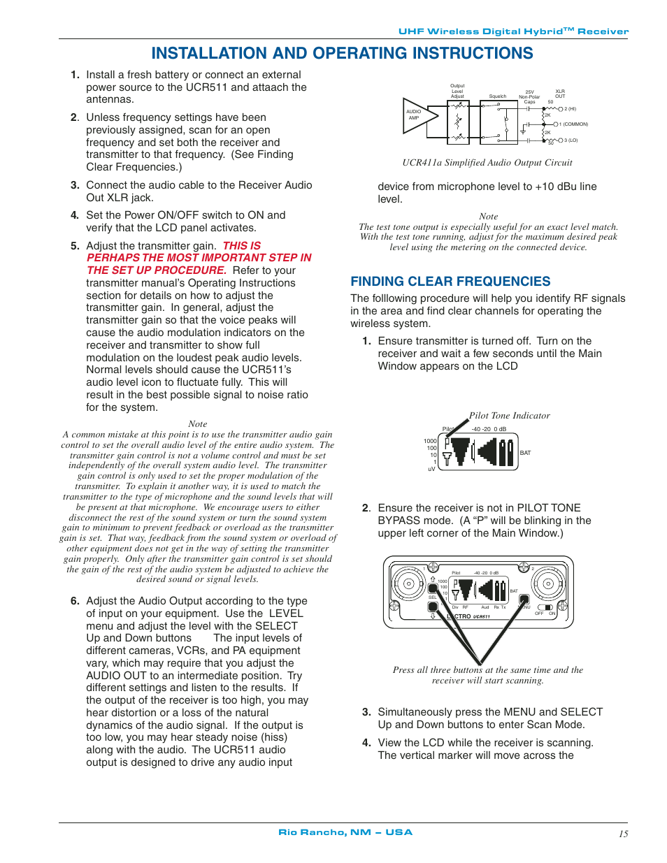 Installation and operating instructions, Finding clear frequencies, Device from microphone level to +10 dbu line level | Lectrosonics UCR511 User Manual | Page 15 / 28