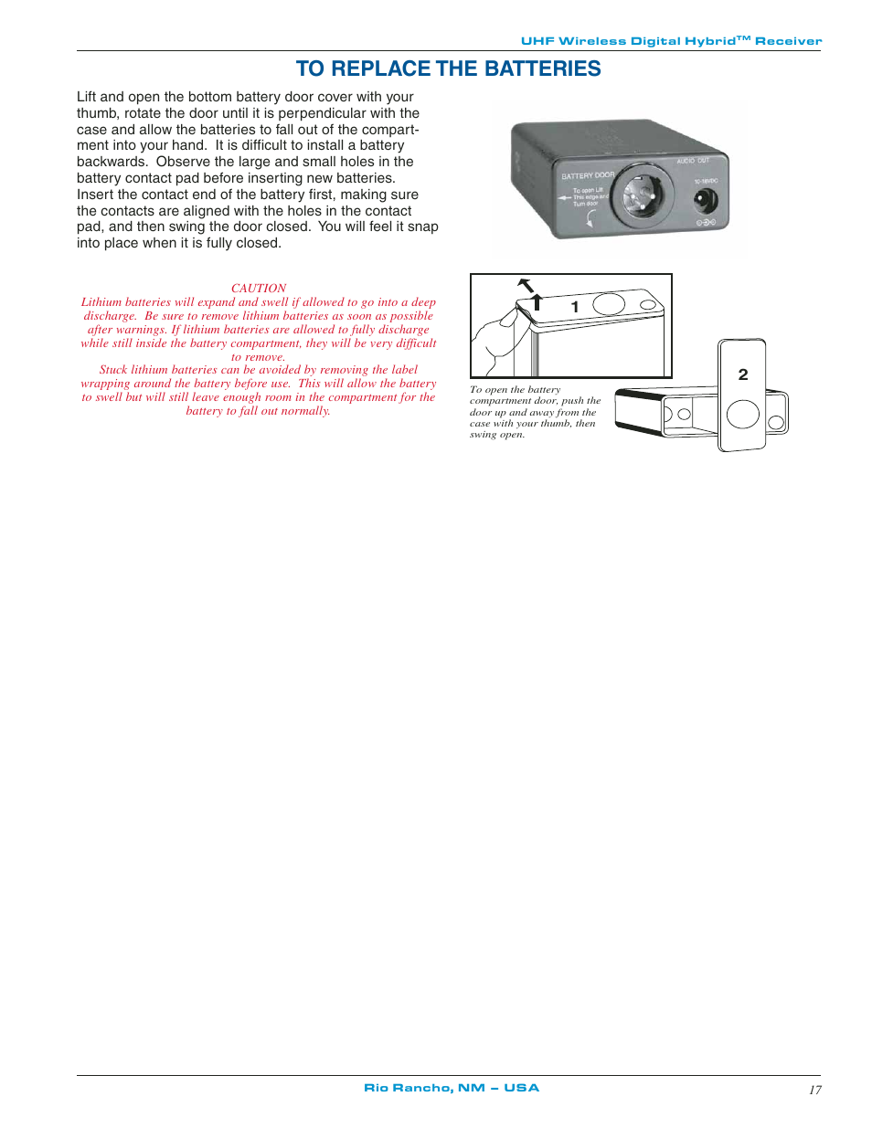 To replace the batteries | Lectrosonics UCR511 User Manual | Page 17 / 28