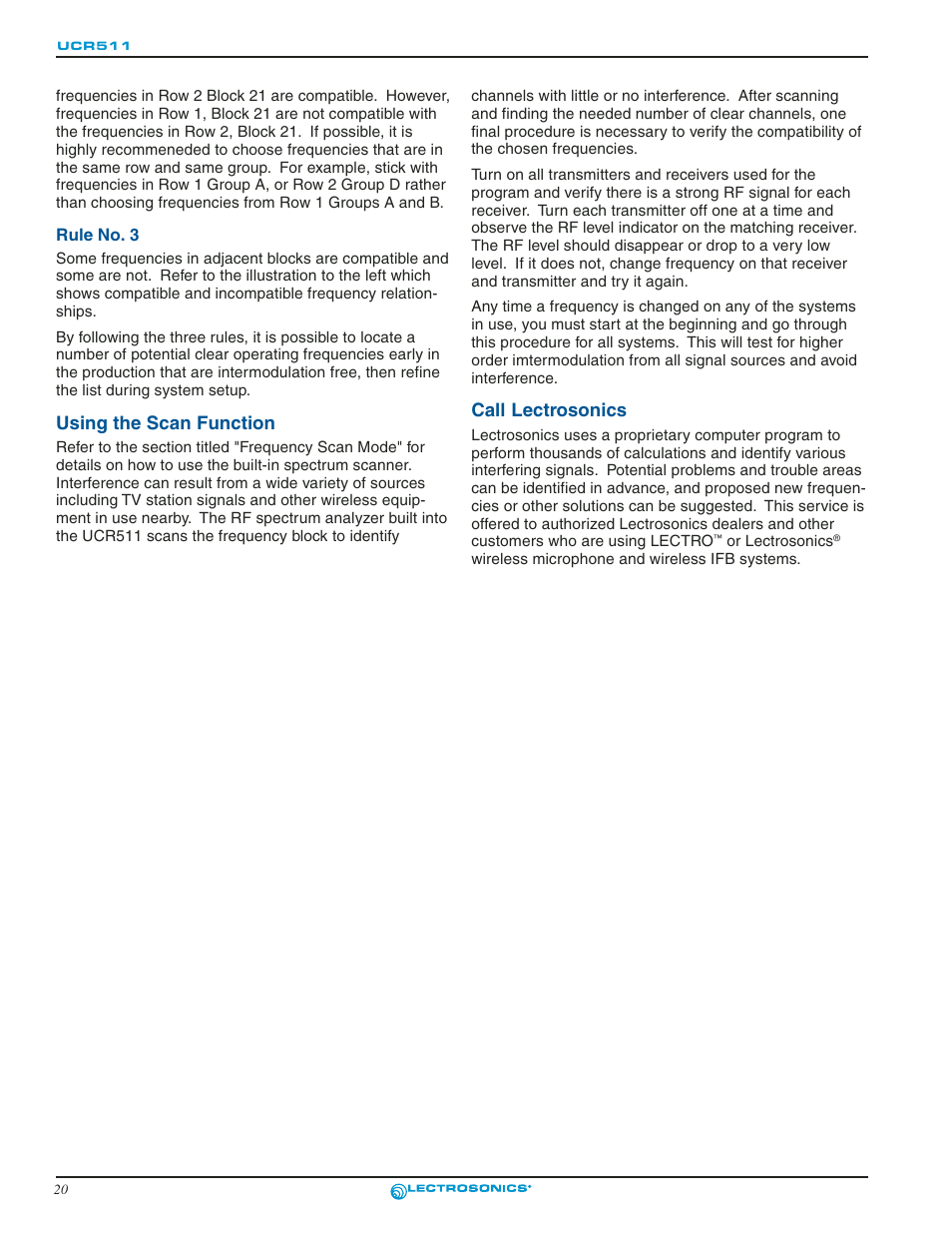 Call lectrosonics, Rule no. 3, Using the scan function call lectrosonics | Using the scan function | Lectrosonics UCR511 User Manual | Page 20 / 28