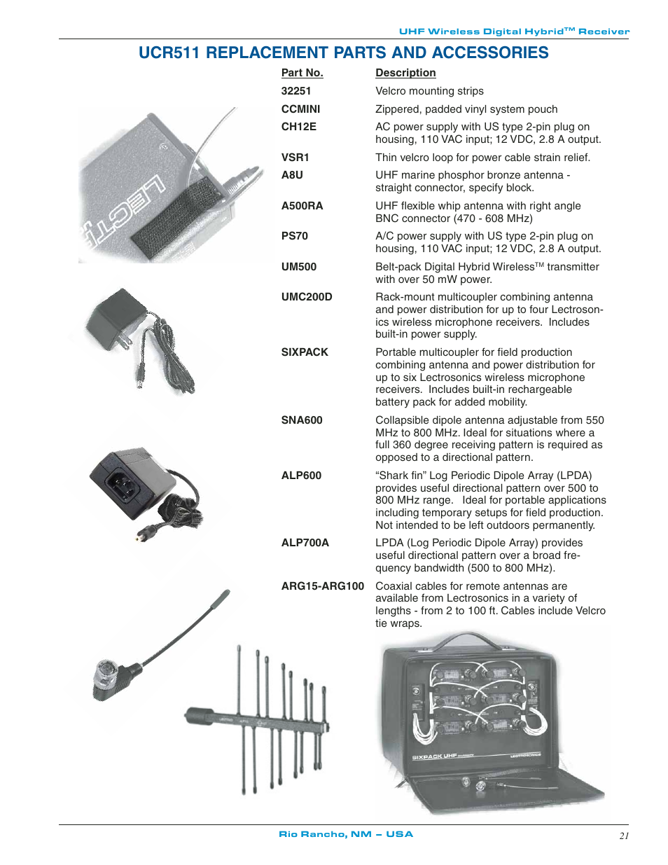 Ucr511 replacement parts and accessories | Lectrosonics UCR511 User Manual | Page 21 / 28