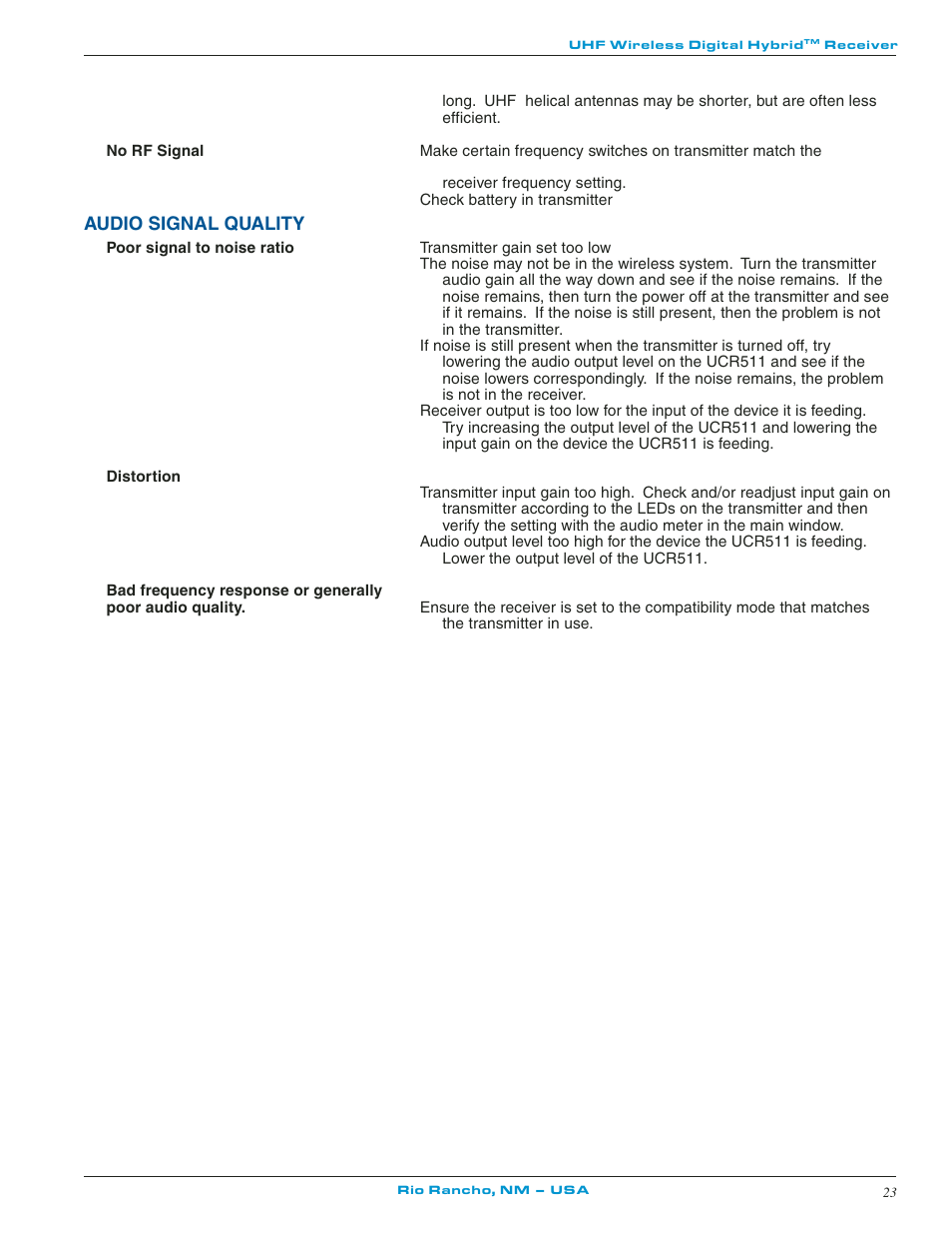 Audio signal quality | Lectrosonics UCR511 User Manual | Page 23 / 28