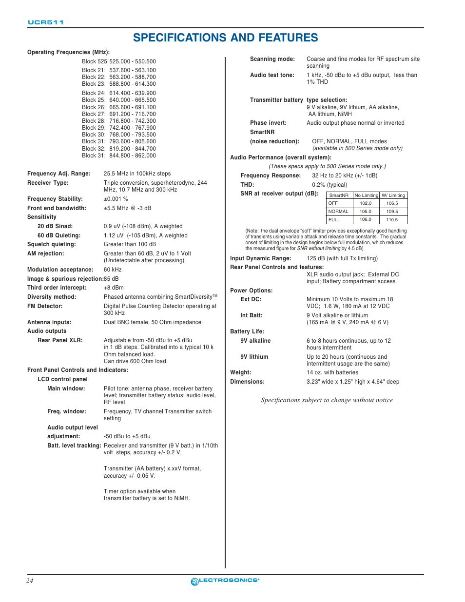 Specifications and features | Lectrosonics UCR511 User Manual | Page 24 / 28