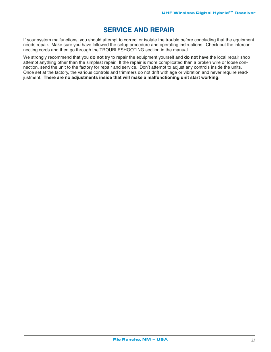 Service and repair | Lectrosonics UCR511 User Manual | Page 25 / 28
