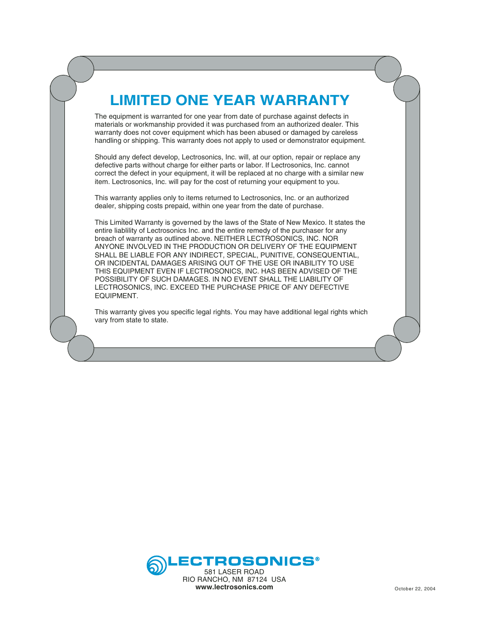 Limited one year warranty | Lectrosonics UCR511 User Manual | Page 28 / 28