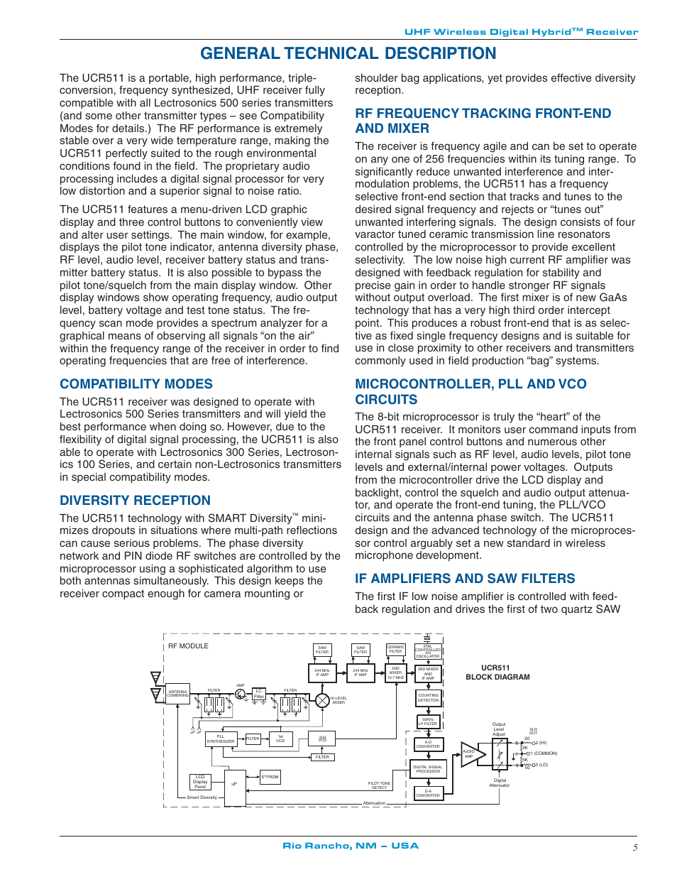 General technical description, Rf frequency tracking front-end and mixer, Microcontroller, pll and vco circuits | If amplifiers and saw filters, Compatibility modes, Diversity reception, The ucr511 technology with smart diversity, Uhf wireless digital hybrid, Receiver, Rio rancho, nm – usa | Lectrosonics UCR511 User Manual | Page 5 / 28