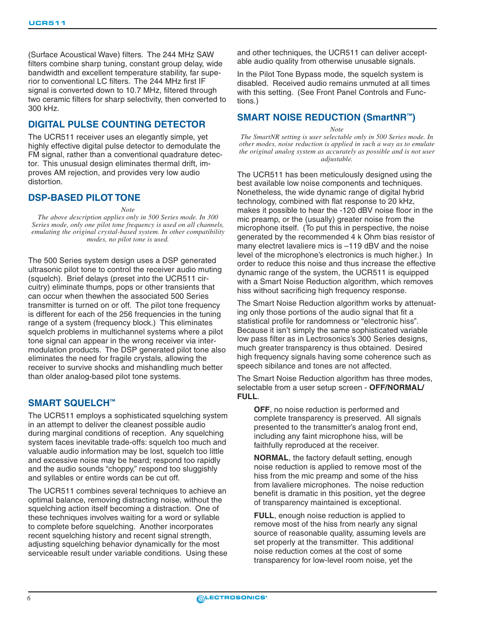 Digital pulse counting detector, Dsp-based pilot tone, Smart squelch | Smart noise reduction (smartnr™) | Lectrosonics UCR511 User Manual | Page 6 / 28