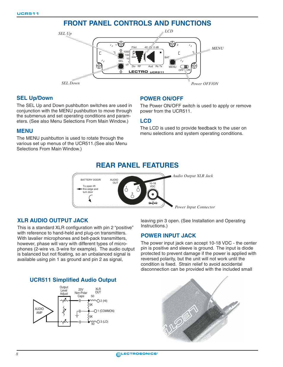 Front panel controls and functions, Sel up/down, Menu | Rear panel features, Xlr audio output jack, Power on/off, Power input jack, Sel up/down menu, Ucr511 simplified audio output | Lectrosonics UCR511 User Manual | Page 8 / 28