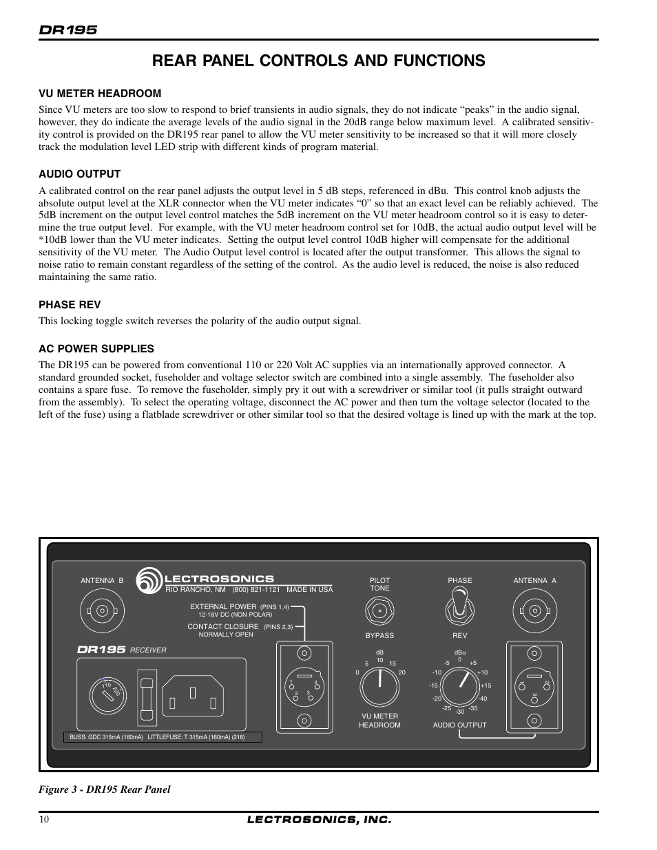 Rear panel controls and functions, Figure 3 - dr195 rear panel, Lectrosonics | Lectrosonics UDR195 User Manual | Page 10 / 18