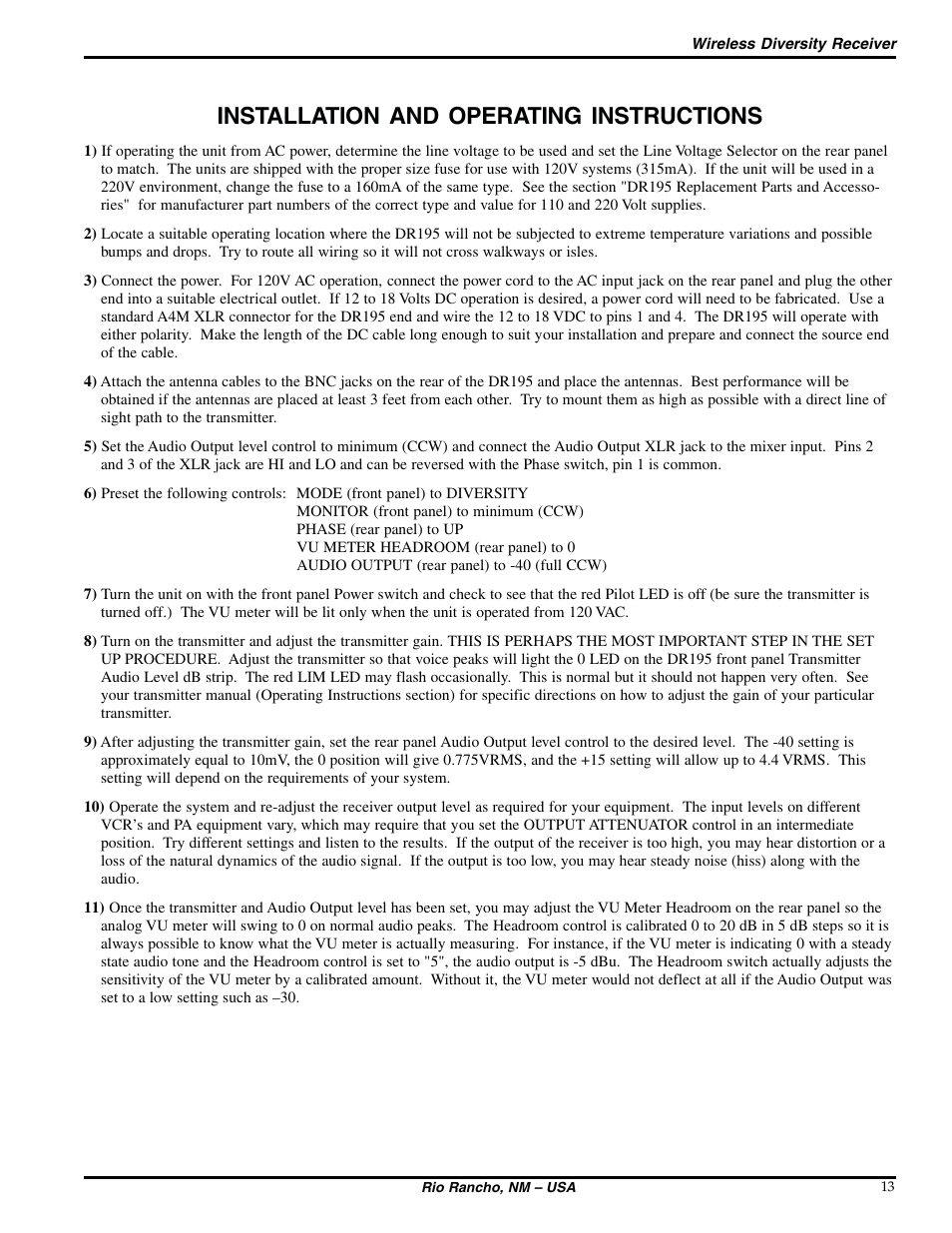 Installation and operating instructions | Lectrosonics UDR195 User Manual | Page 13 / 18