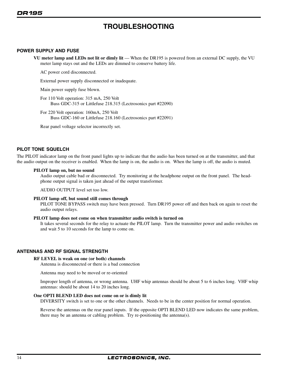Troubleshooting | Lectrosonics UDR195 User Manual | Page 14 / 18
