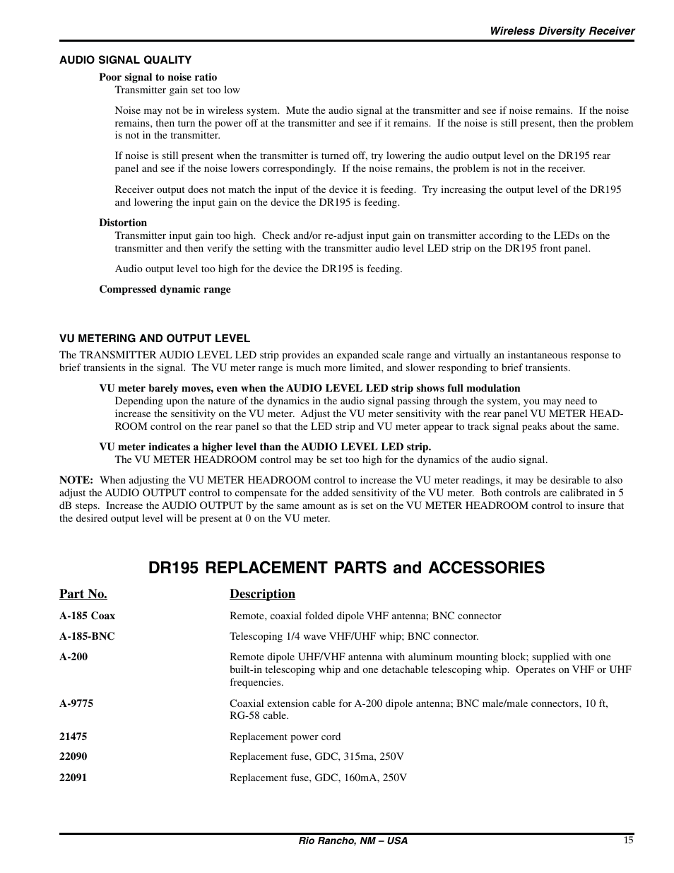 Dr195 replacement parts and accessories | Lectrosonics UDR195 User Manual | Page 15 / 18