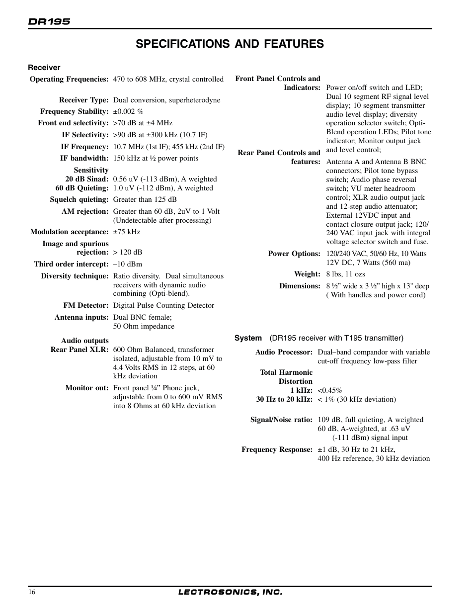 Specifications and features | Lectrosonics UDR195 User Manual | Page 16 / 18