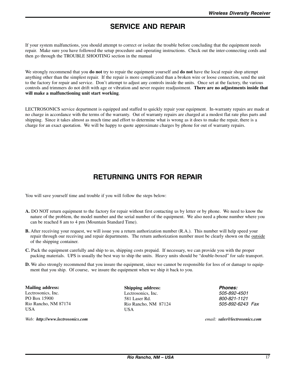 Service and repair, Returning units for repair | Lectrosonics UDR195 User Manual | Page 17 / 18