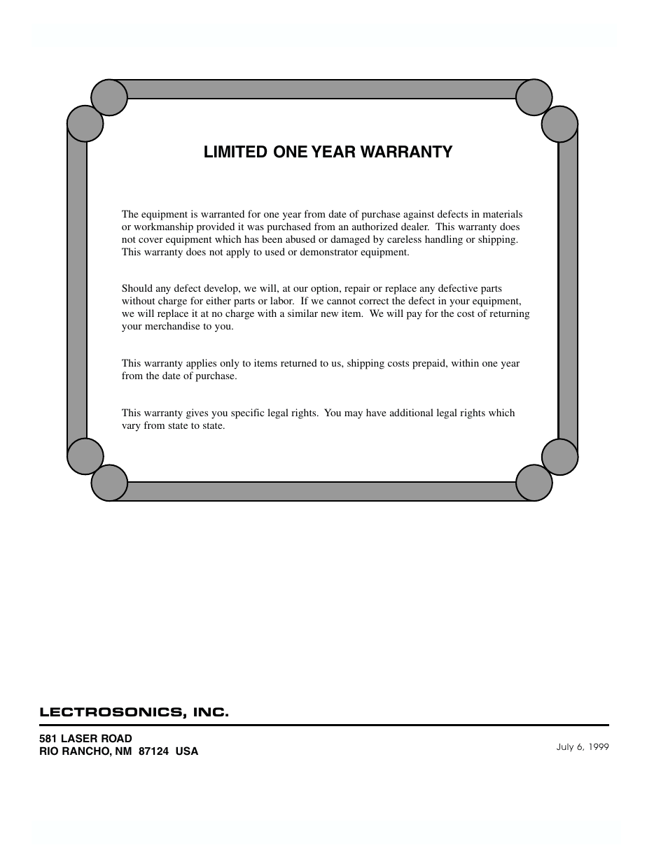 Limited one year warranty | Lectrosonics UDR195 User Manual | Page 18 / 18