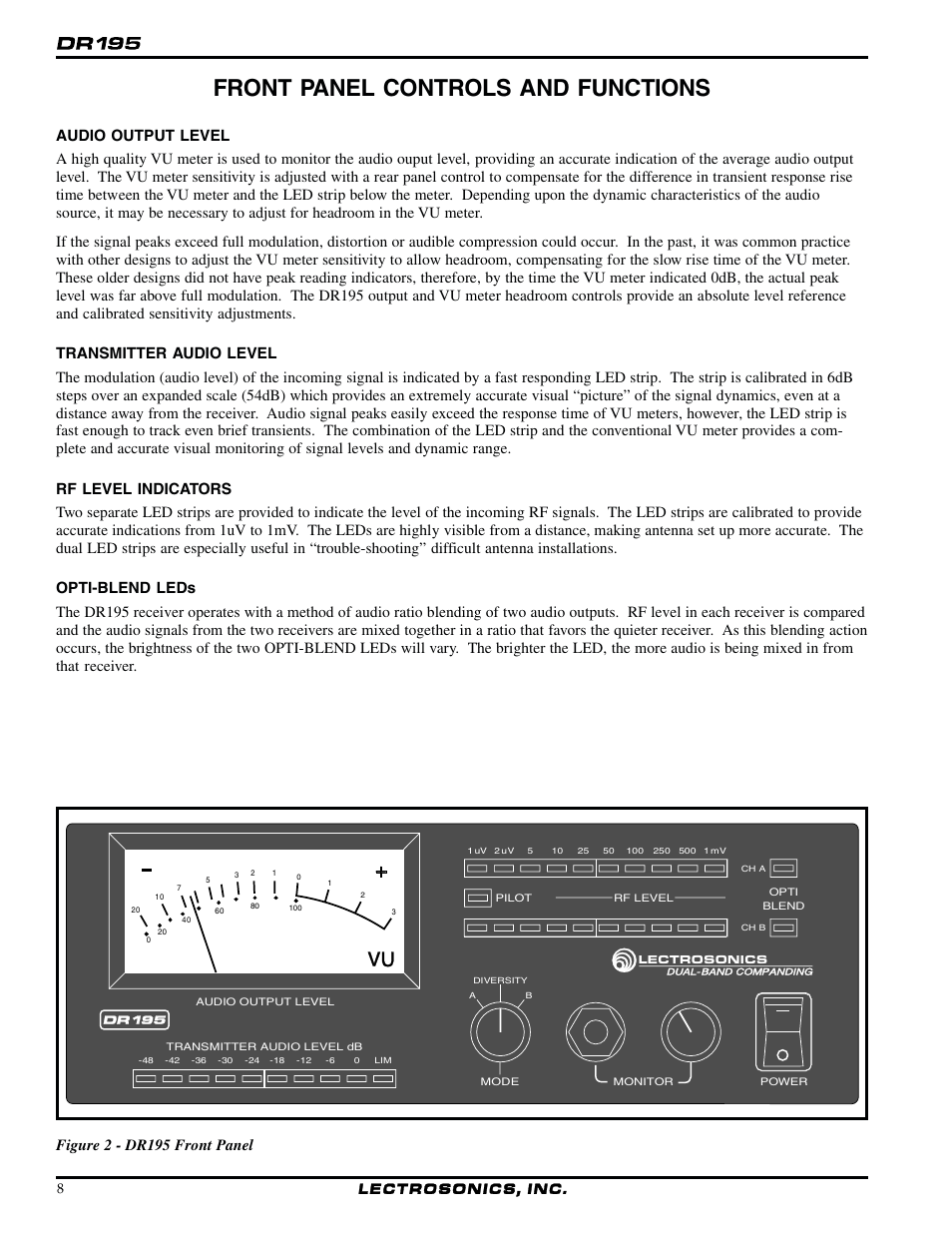 Front panel controls and functions, Figure 2 - dr195 front panel | Lectrosonics UDR195 User Manual | Page 8 / 18