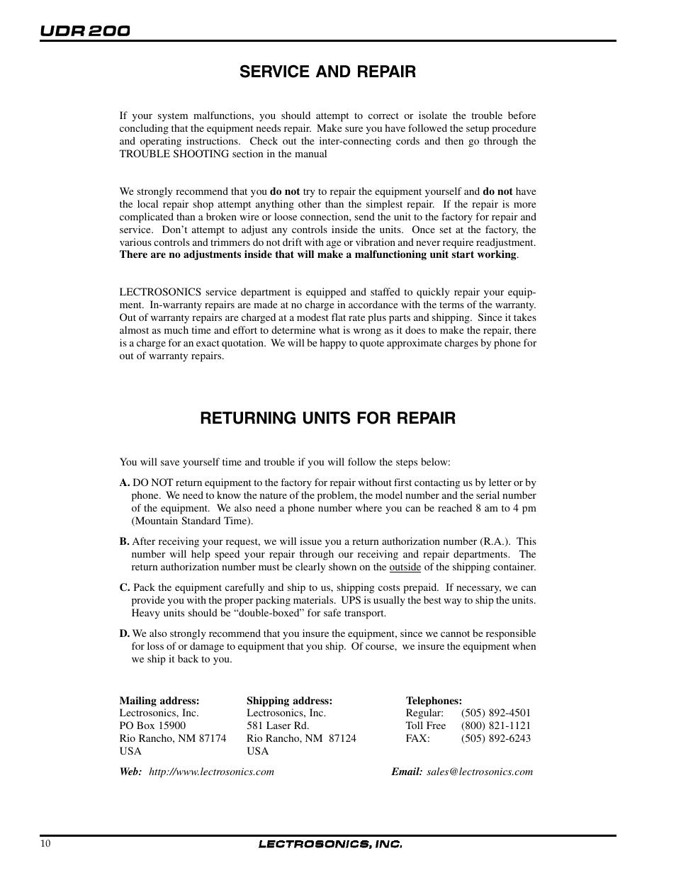 Service and repair, Returning units for repair | Lectrosonics UDR200a User Manual | Page 10 / 12