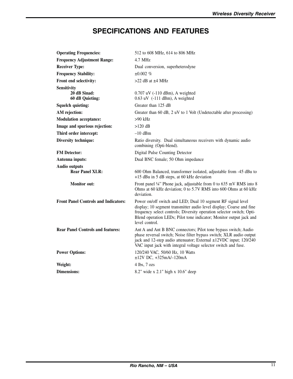 Specifications and features | Lectrosonics UDR200a User Manual | Page 11 / 12