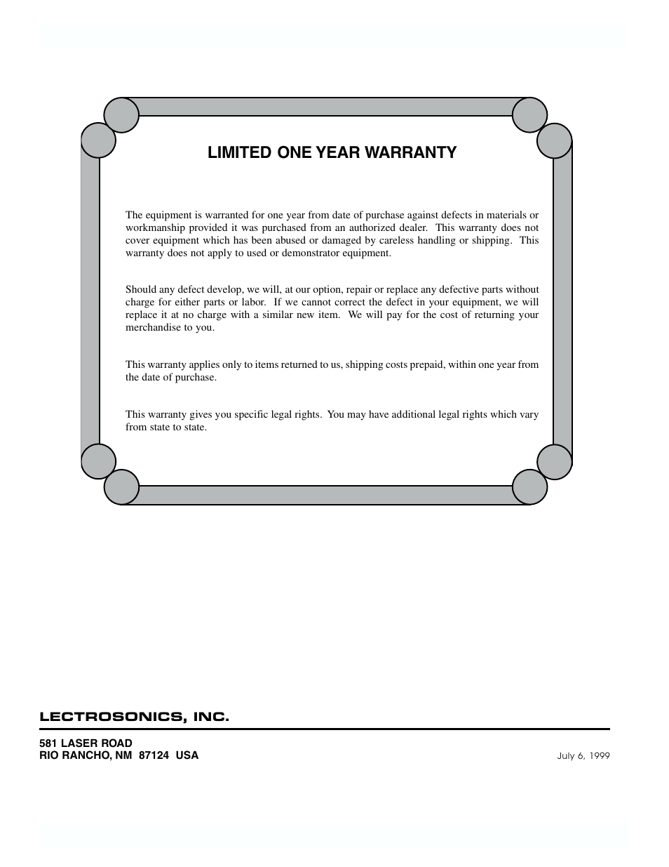 Limited one year warranty | Lectrosonics UDR200a User Manual | Page 12 / 12