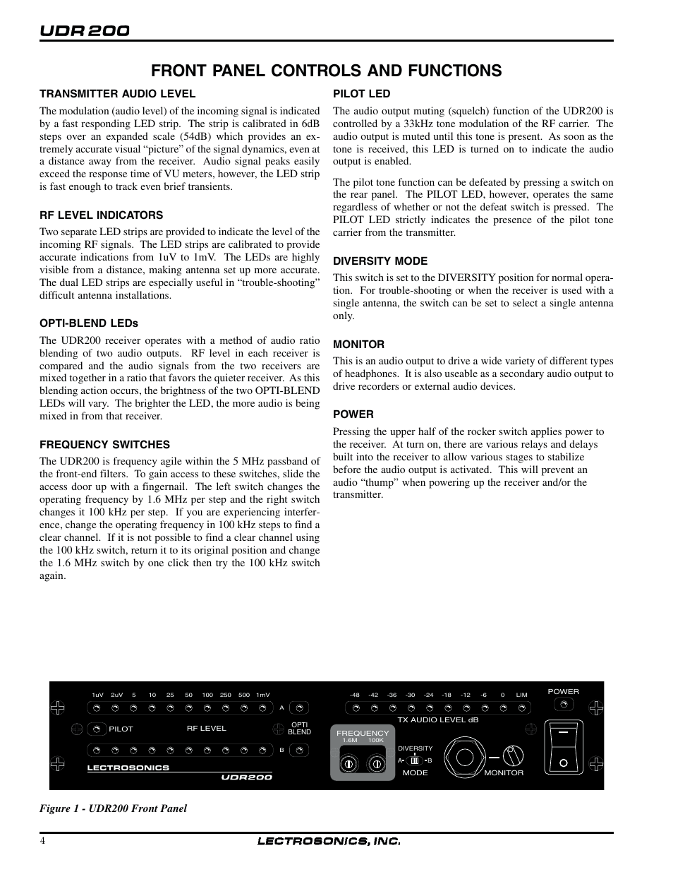 Front panel controls and functions, Figure 1 - udr200 front panel | Lectrosonics UDR200a User Manual | Page 4 / 12