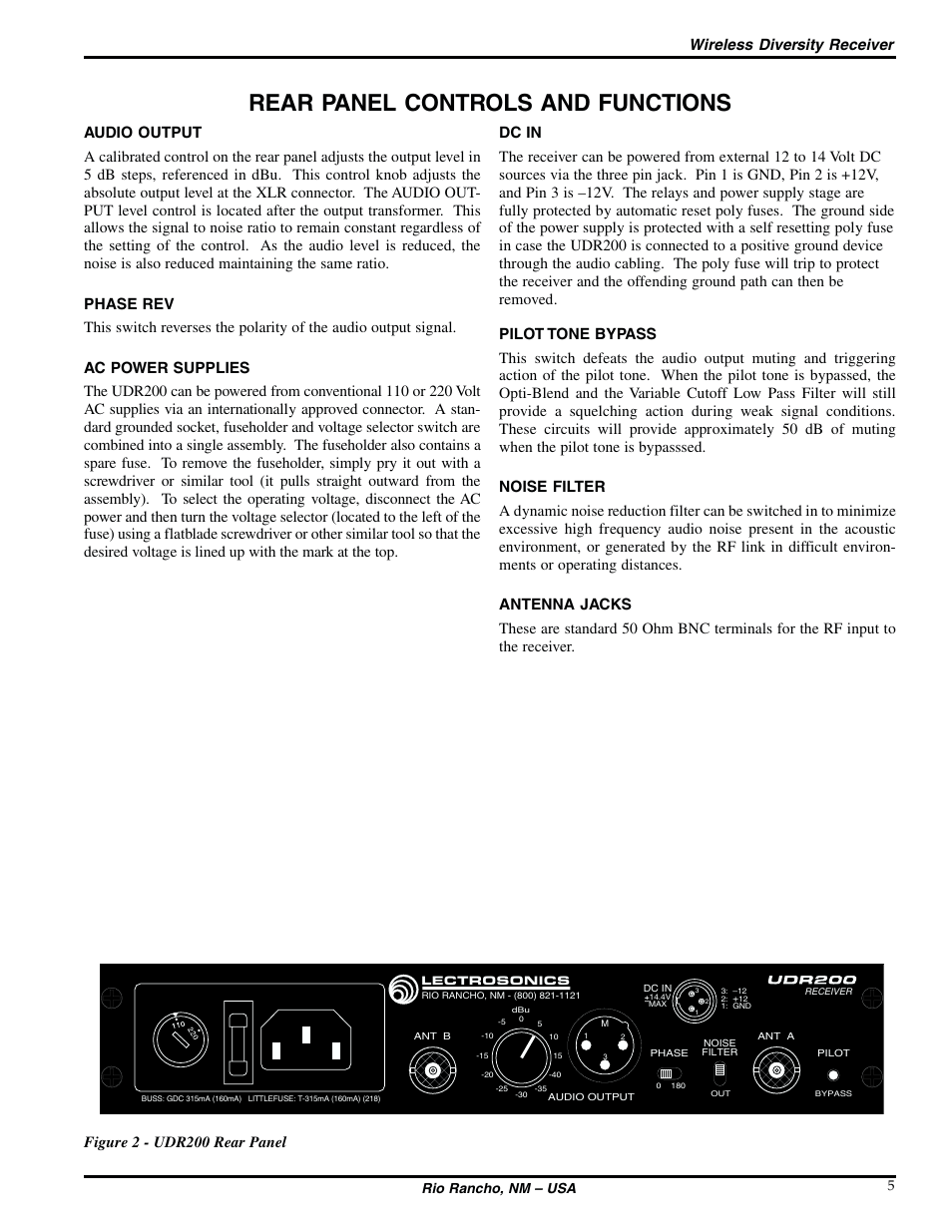 Rear panel controls and functions, Wireless diversity receiver, Figure 2 - udr200 rear panel | Rio rancho, nm – usa 5 | Lectrosonics UDR200a User Manual | Page 5 / 12