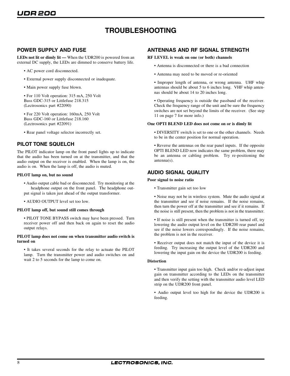 Troubleshooting | Lectrosonics UDR200a User Manual | Page 8 / 12