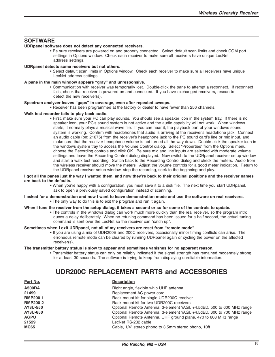 Udr200c replacement parts and accessories, Software | Lectrosonics UDR200c User Manual | Page 19 / 26