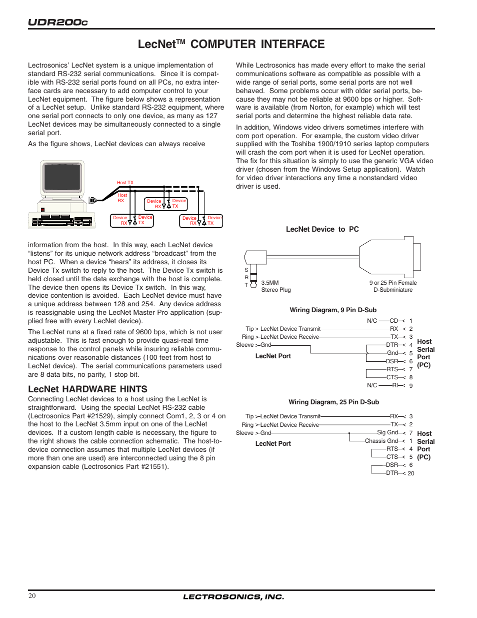 Lecnet, Computer interface, Lecnet hardware hints | Lectrosonics UDR200c User Manual | Page 20 / 26